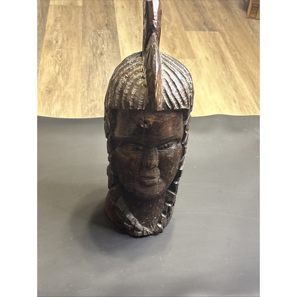 Large 16" Hand Carved Wood African Tribal Head Bust Sculpture MCM Folk Art